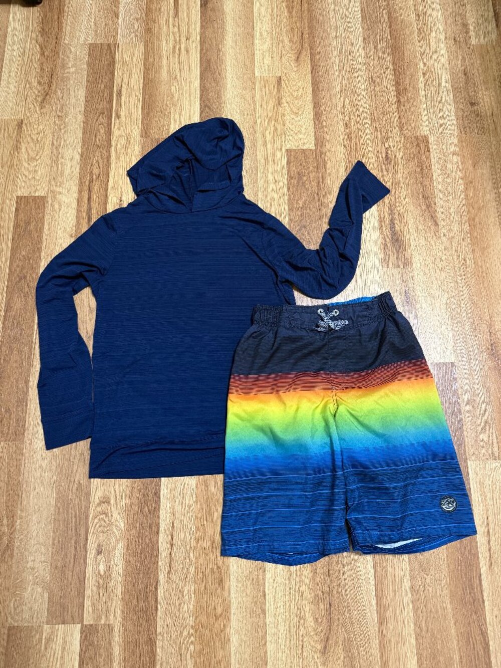Lands' End L 10-12 Rash Guard & Zero Posur M 10-12 Rainbow Swim Trunks Set